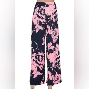 Floral Pink and Navy Blue Women's Wide-Leg Pants